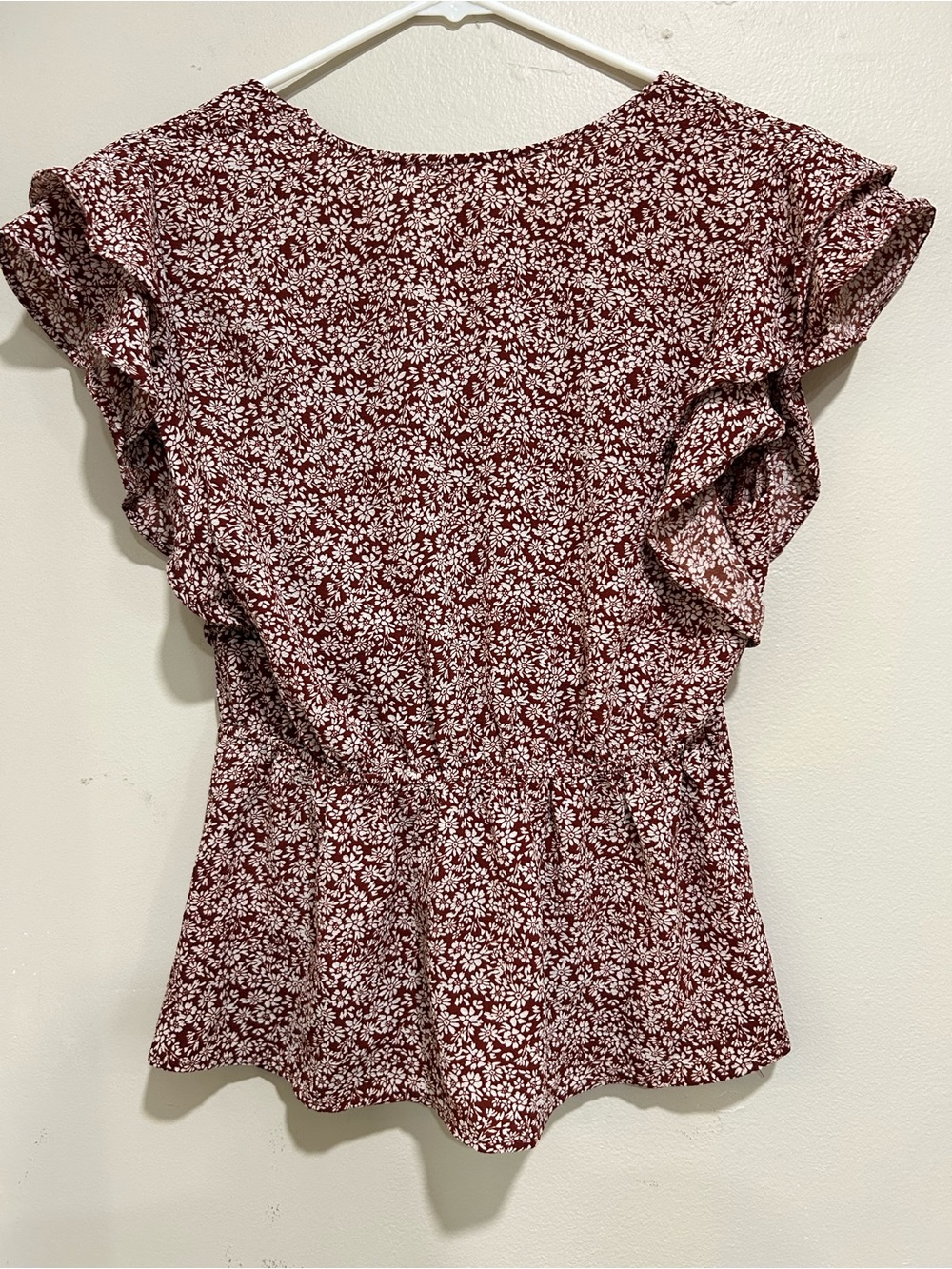 Monteau Floral Peplum Wrap Top Brown Cream Flutter Sleeve Size L - Picture 7 of 8